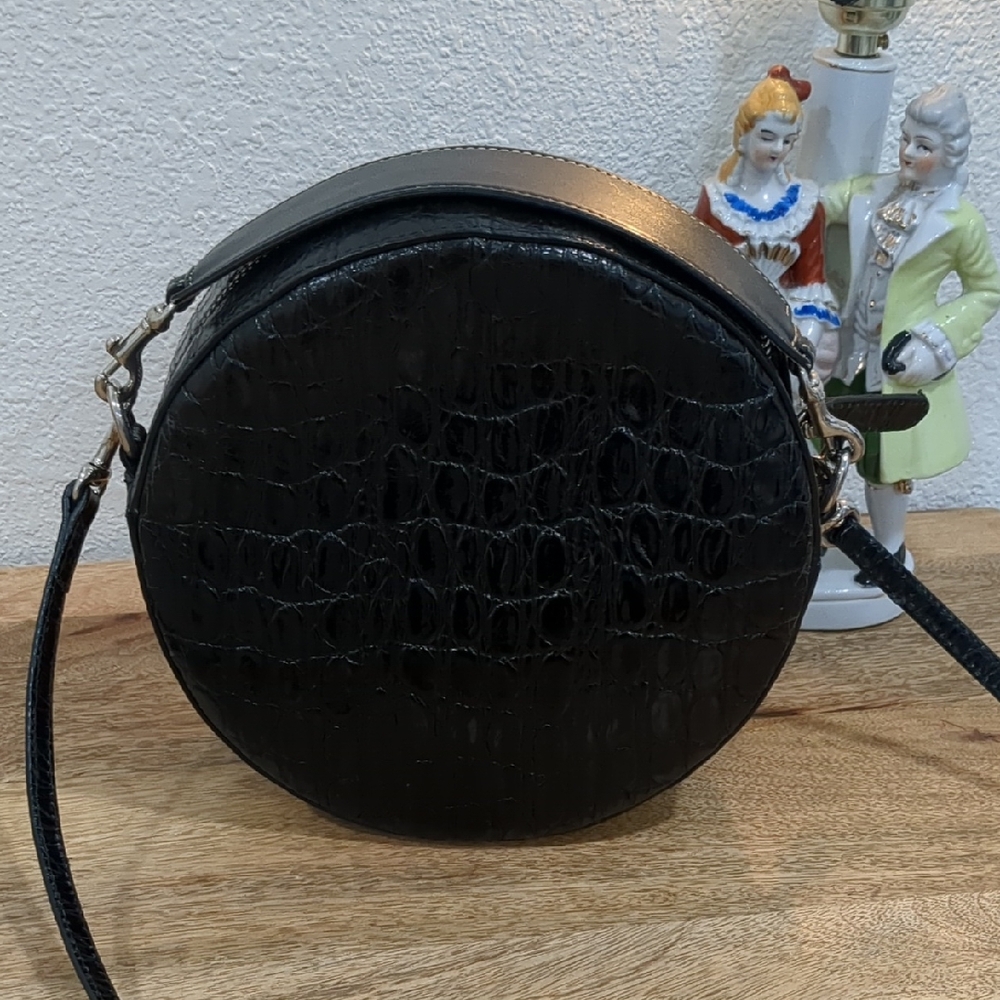 LIFFNER Paris Genuine Leather Black Croc-Embossed Round Bag